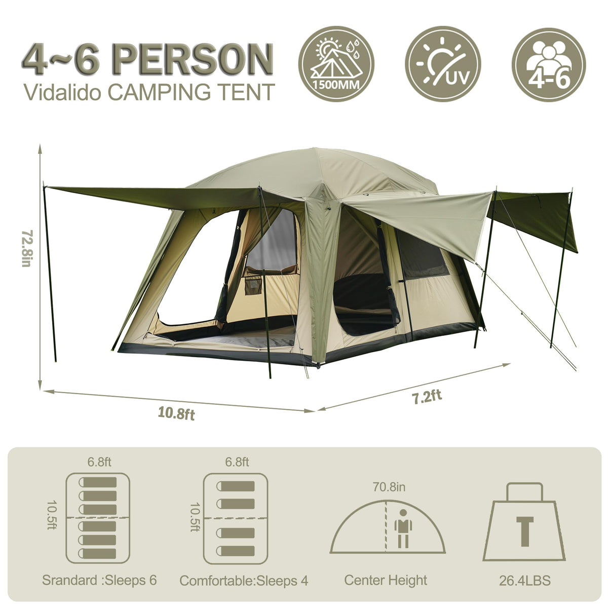 Vidalido 4-6 Person Camping Tent with 3 Door 2 Room Large Family Cabin Tents, Double Layer Waterproof Portable Glamping Tent, Big Tents for Outdoor Camping Hiking and Backpacking