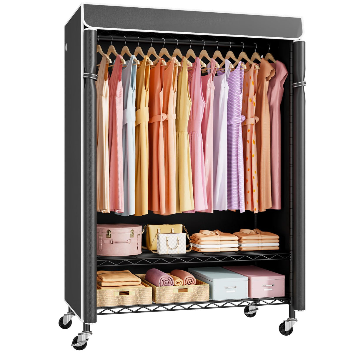 ULIFHOME P6C Plus Rolling Clothes Rack with Cover, Covered Clothing Rack Heavy Duty, Portable Closet for Hanging Clothes, Garment Rack on Wheels, Black Closet Rack with Black Cover, Max Load 375LBS
