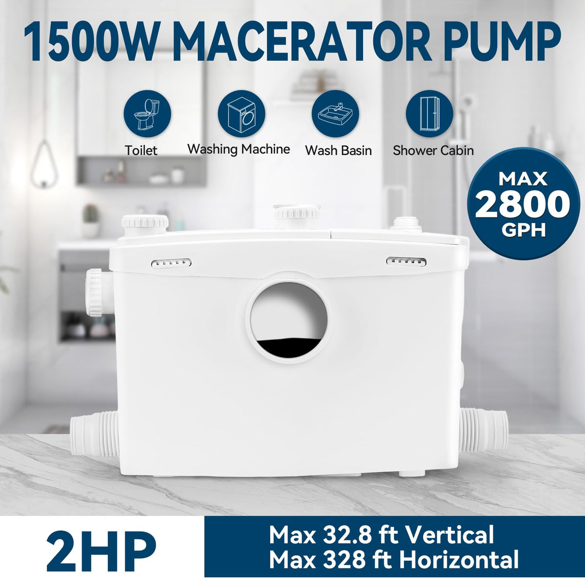 1500W Macerator Pump with Grinding Blade Toilet Pump Utility Sink Pump Upflush to 32.8FT 2800GPH Macerating Toilet System with 5 Water Inlets 1 Outlets for Toilet Sink Shower Laundry Kitchen Basement