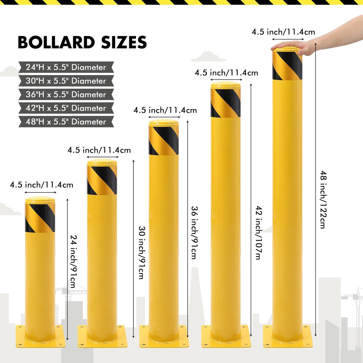 4 Pack Safety Bollard, 30 x 4.5 Inch Steel Bollard Post, Yellow Parking Post, Removable Safety Barrier with Anchor Bolts, High Visibility Driveway Barrier for Construction, Traffic Control, Warehouses