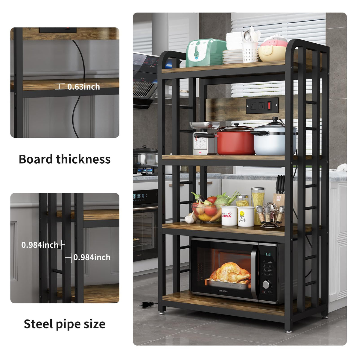 SIREDEEP Bakers Rack with Power Outlet ，4-Tier Kitchen Baker's Rack,Microwave Stand with Storage Suitable for Kitchen, Living Room, Dinning Room，Coffee Bar(Rustic Brown)