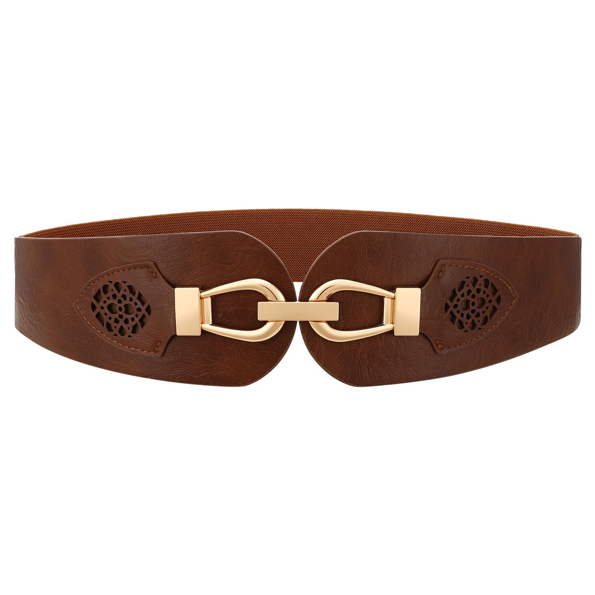 Womens Western Wide Waist Belt for Dress Vintage Stretchy Elastic Belt with Chunky Gold Buckle (Deep Brown)