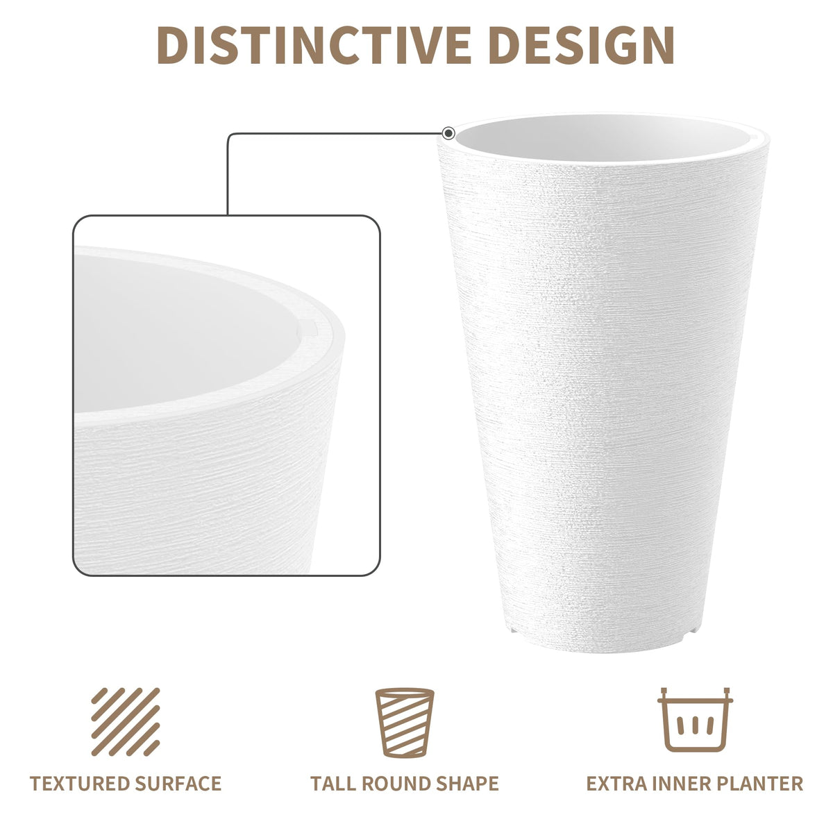 Kante Tall Round Planter Set of 2, 13 Inch Tall Decorative Planter Pots for Outdoor Indoor Garden Patio Front Porch (White)