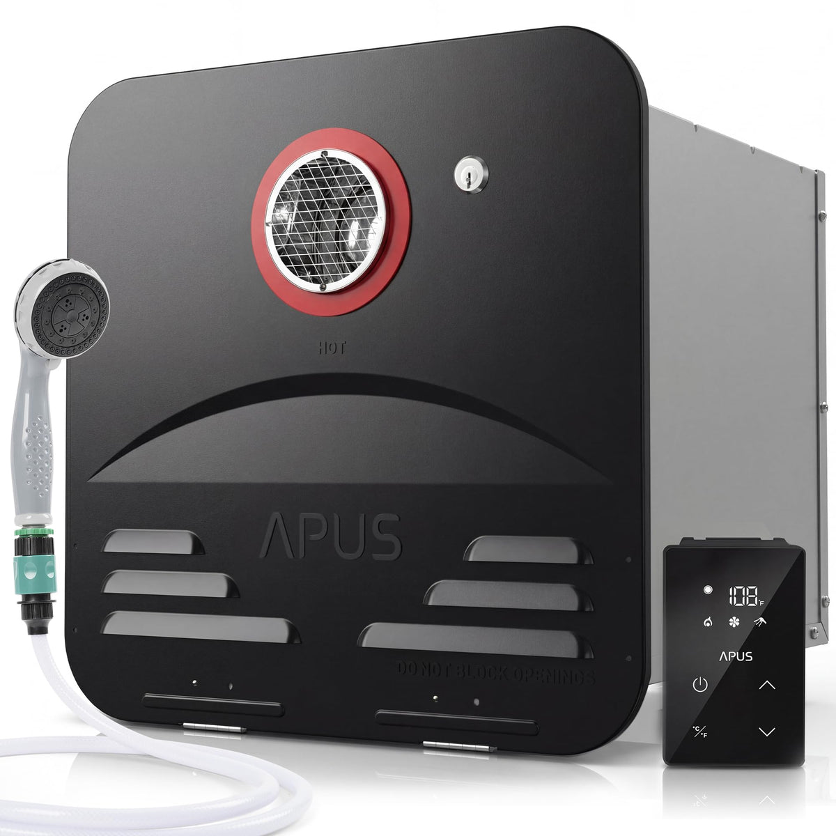 APUS RV Tankless Water Heater, 68,000 BTU Propane Gas On Demand Hot Water with Black Door&Remote, 12V, 3.9 GPM, High Altitude Ready, CSA Certified, Compatible with All RVs,Ideal for RV Family & Camper