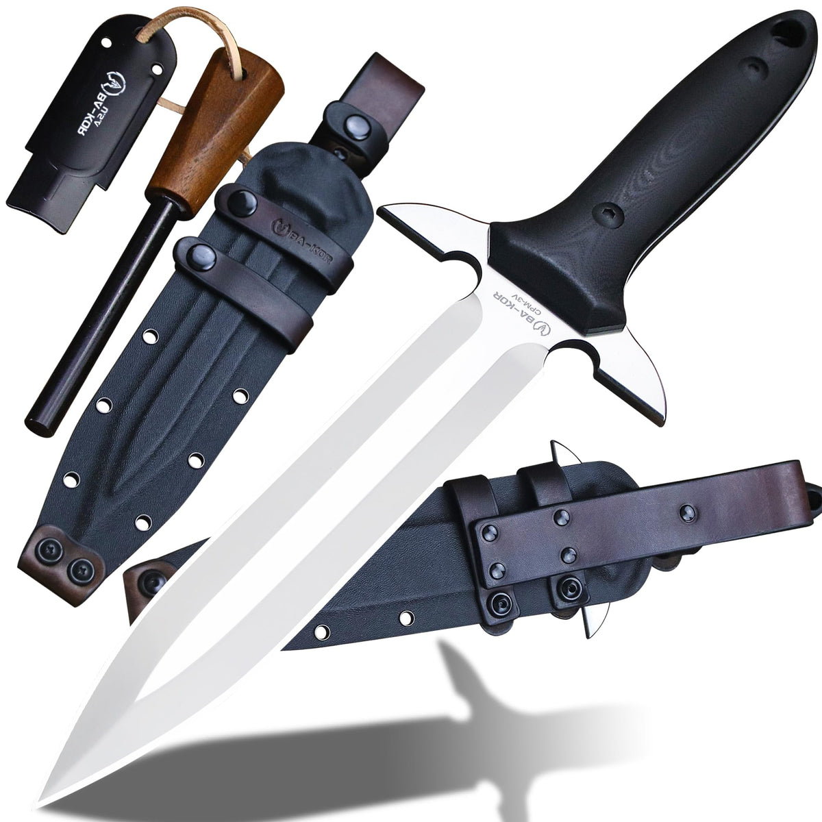 BA-KOR 14.4” Fixed Blade Hunting Knife, CPM 3V Steel Full Tang Survival Knife, 5mm Thick Mirror Polished Blade, G10 Handle, Leather Wrapped Kydex Sheath & 5.9” Fire Starter