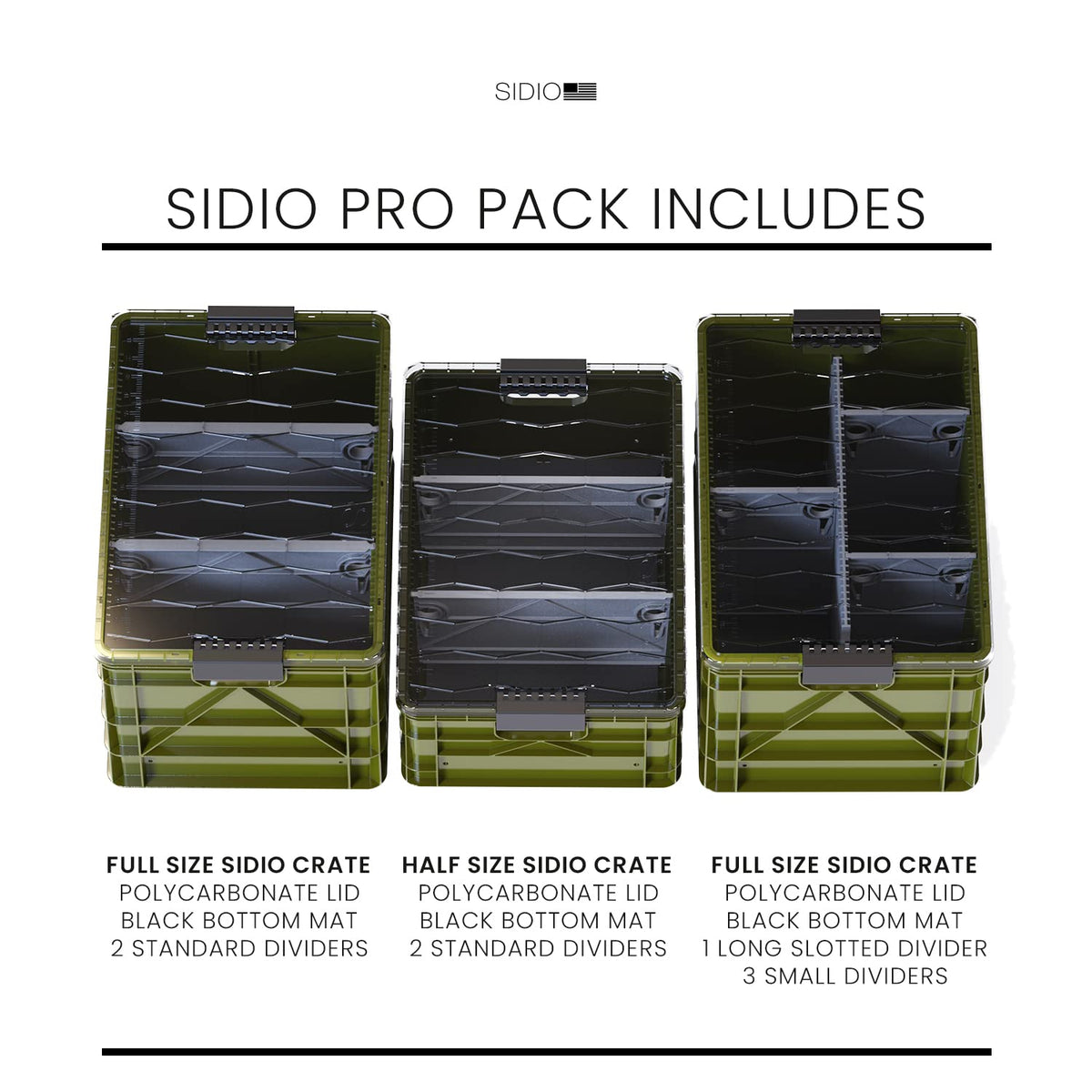 SIDIO Crate Pro Pack - 2 Full-Size & 1 Half-Size Heavy Duty Stackable Storage Bins, Totes and Containers with Lids and Dividers - Durable Plastic Organizer for Home, Office, Garage, and Outdoor Use