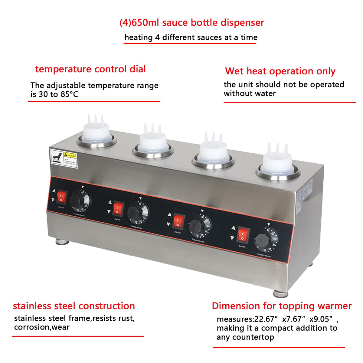 Four Heads Cheese and Chilli Warmer with Pump and Laddle(4x650ml Electric Sauce Warmer)