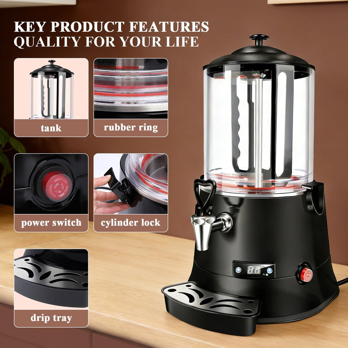 10L Commercial Hot Chocolate Machine & Beverage Dispenser - 110V Electric Warmer for Coffee, Hot Chocolate & Milk Tea, Professional Grade for Cafes & Restaurants