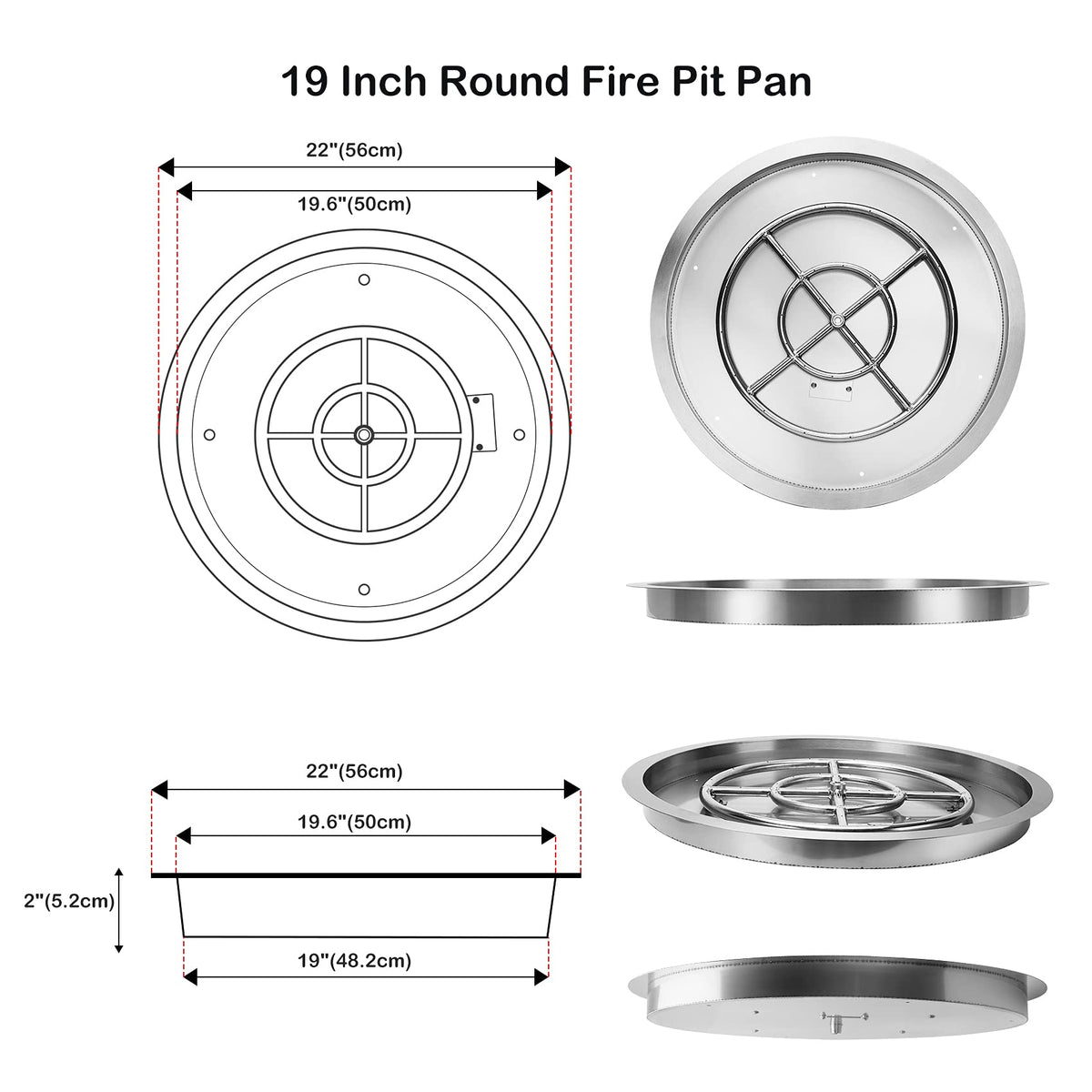 Stanbroil 19 Inch Drop-in Round Fire Pit Kit with Spark Ignition Kit, Propane Gas Version, 304 Stainless Steel