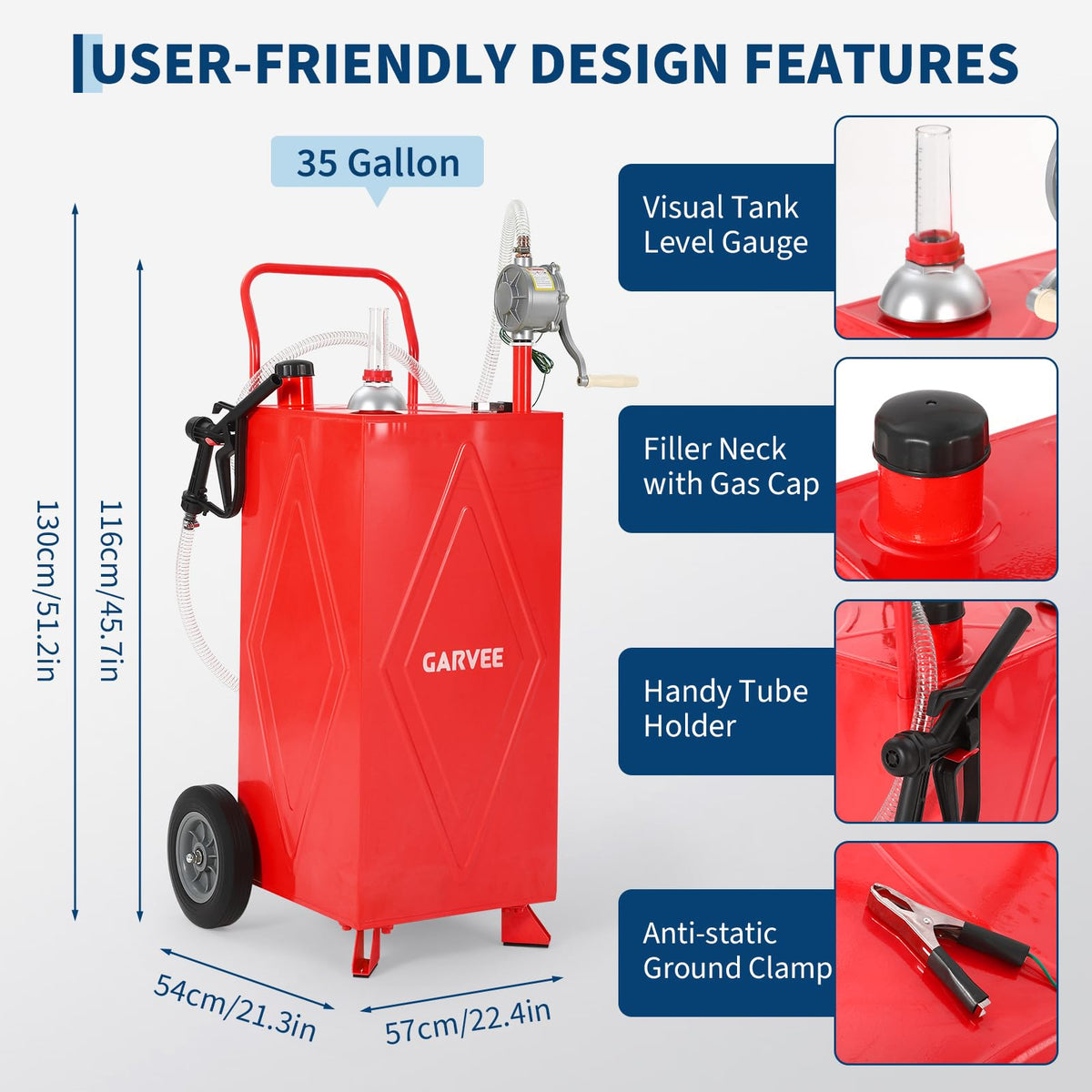 35 Gallon Fuel Gas Caddy Storage Tank, Portable Gas Caddy Fuel Transfer Tank with Wheels, Manual Rotary Pump, Hose, Wide Mouth Fill Port, Fuel Level Gauge, Mobile Gasoline Diesel Transfer Cart for ATV, Tractor, Mower, Car, Boat