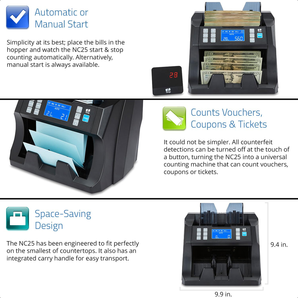 ZZap Bill Value Counter & Counterfeit Detector - Money Cash Currency Machine (NC25)