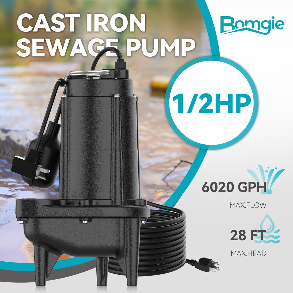 BOMGIE 1/2 HP Sewage Pump, Cast Iron Effluent Pump, Automatic Float Switch, Sewage Sump Pump for Sump Basin, Basement, Residential Sewage, 2'' NPT Discharge, Black