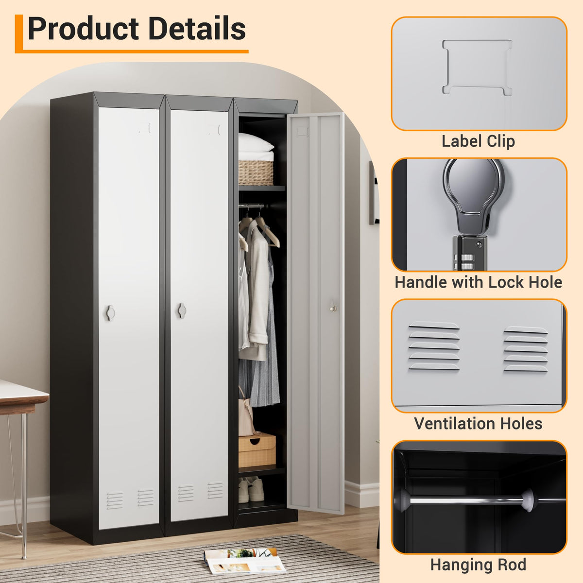 Narrow Metal Locker, 72 Inch Metals Broom Storage Cabinet with Shelves, Lockable Cabinets Doors & Keys Tall Brooms Suitable for School, Office, Home, Staff and Students Storage(Black & Grey)