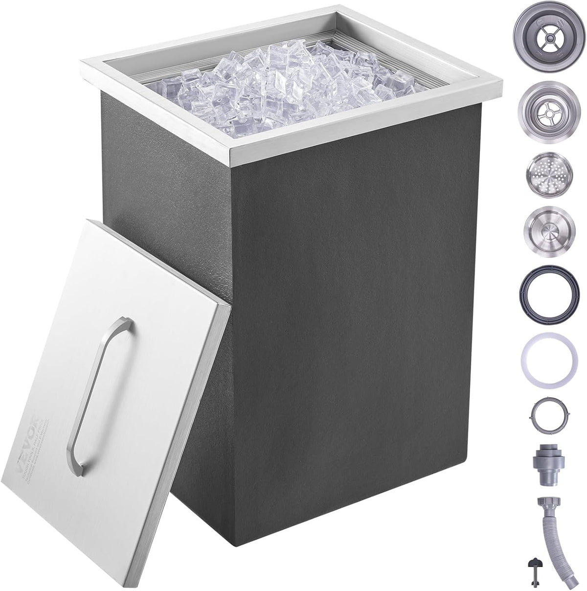 Garvee Drop in Ice Chest, 14" L x 12" W x 18" H Stainless Steel Ice Cooler, Commercial Ice Bin with Lid 40 Qt Outdoor Kitchen Ice Bar, Includes Drain-Pipe and Drain Plug, for Chilling Wine and Beer