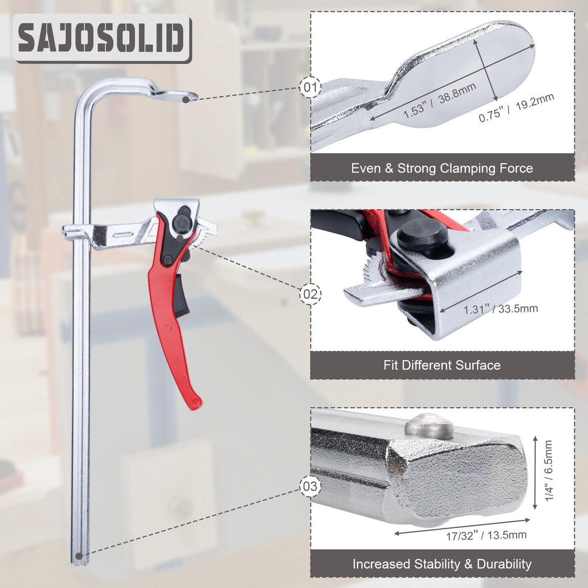 SajoSolid 6 Packs Bar Clamps Set, Throat Depth 2-3/8 Inch Heavy Duty Forged Steel Ratcheting Table Clamp, Guide Rail System with Max 330 Lbs Load Limit for Grinding, Milling, Precision Cutting