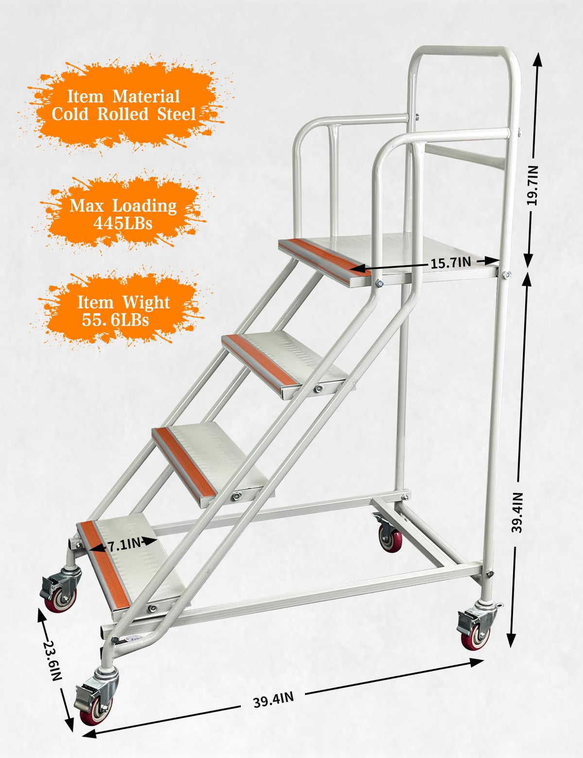 4 Steps Ladder with Wheels, Industrial & Warehouse Step Ladder, Rolling Steps Ladder with Vinyl Stair Edge Protector, 23.6IN Wide, 39.4IN top Step Height, 445LBs Capacity.