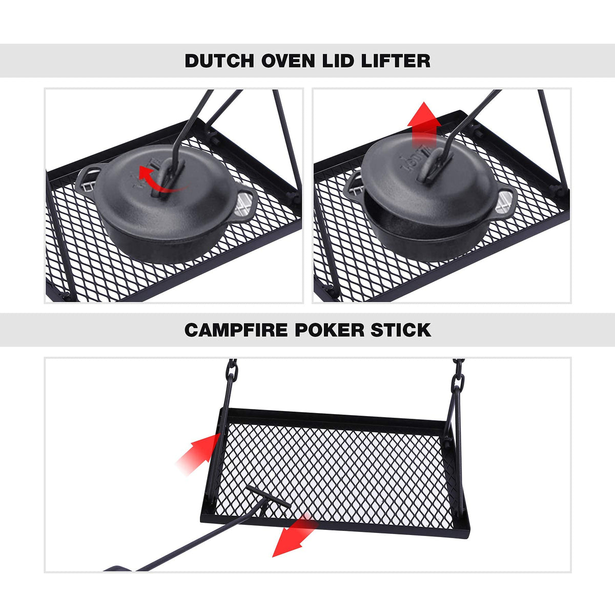 REDCAMP Swing Campfire Grill Stand - Collapsible Campfire Cooking Rack with 6 Hooks & Iron Grill Grate, Portable Dutch Oven Hanger for Outdoor Camping, Cookware, Bonfire, Rectangle