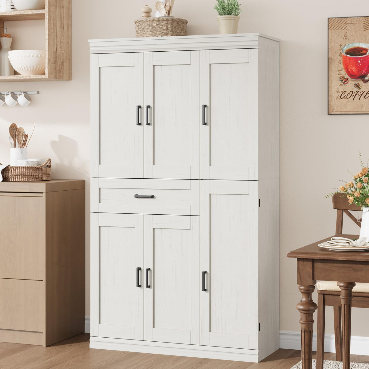Garvee 70" Tall Kitchen Pantry Storage Cabinet, Modern Kitchen Hutch Cabinet with Doors and Shelves, Freestanding Food Pantry with Large Storage Drawer for Dining Room and Household Organization