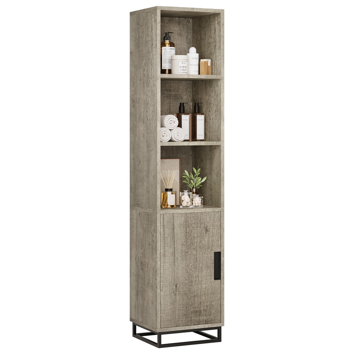 GarveeHome Narrow Bathroom Cabinet, 70" Tall Storage Cabinet with Metal Frame Base and Adjustable Shelf, Open Storage Freestanding for Laundry Room, Living Room, Small Space, Grey