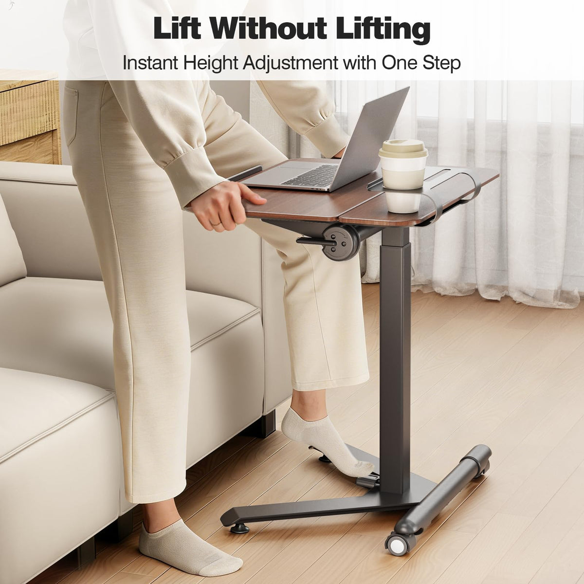 ROMOON Rolling Standing Desk with Wheels, Portable 24 inch Sit-Stand Laptop Cart with Tilt Top and Storage, Mobile Compact Workstation for Home Office and Small Spaces (Walnut)
