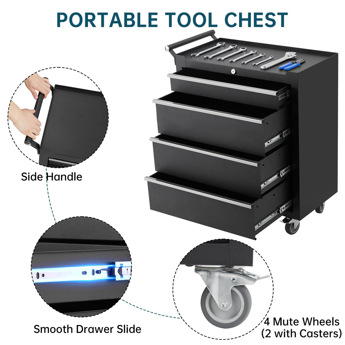 ActiveTrail 4-Drawer Rolling Tool Chest Cabinet,Portable Tool Storage Cart with Smooth Wheels,Lockable Toolbox Organizer with Drawer Liners,Heavy-Duty Steel Tool Cabinet for Garage and Workshop Use