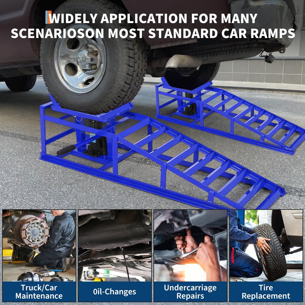 2PCS Hydraulic Car and Truck Service Ramps,11023 LBS (5 T) Capacity, Portable Lifts Ramps for Oil Changes, Adjustable Lift Height 9.8 in to 16.21 in, Home Garage,Vehicle Auto Garage Repair (Blue 5 T)