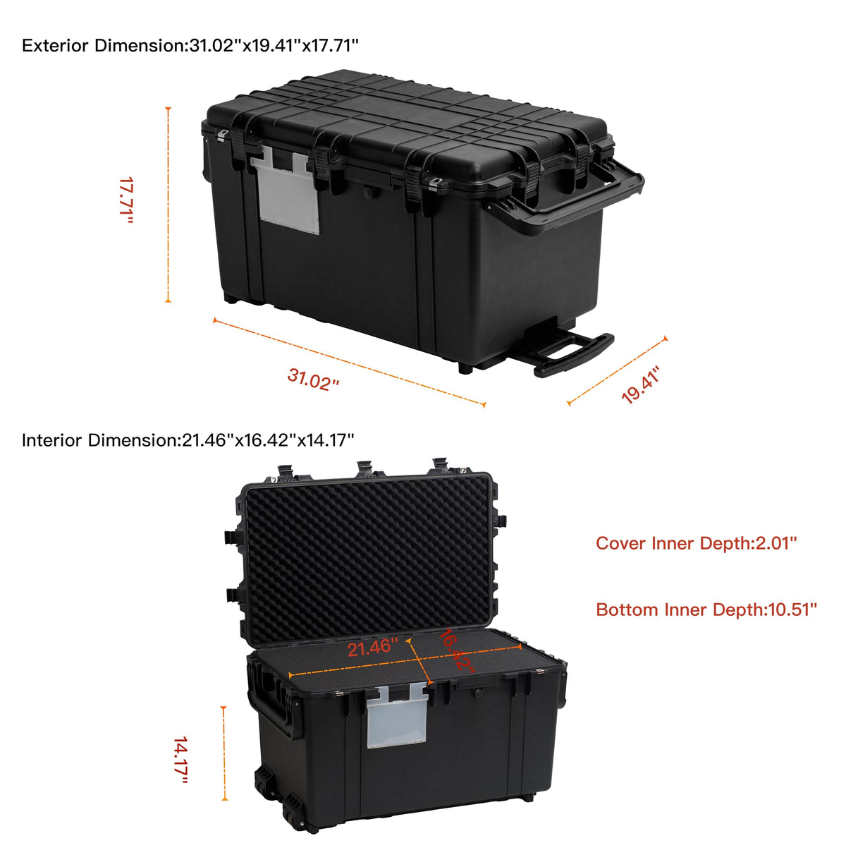 MEIJIA Portable Rolling Waterproof Protective Case,Hard Compact Case With Retractable Pull Handle And Wheels,Customizable Fit Foam Inserted,Elegant Black, 31.02" X19.41" X17.71"