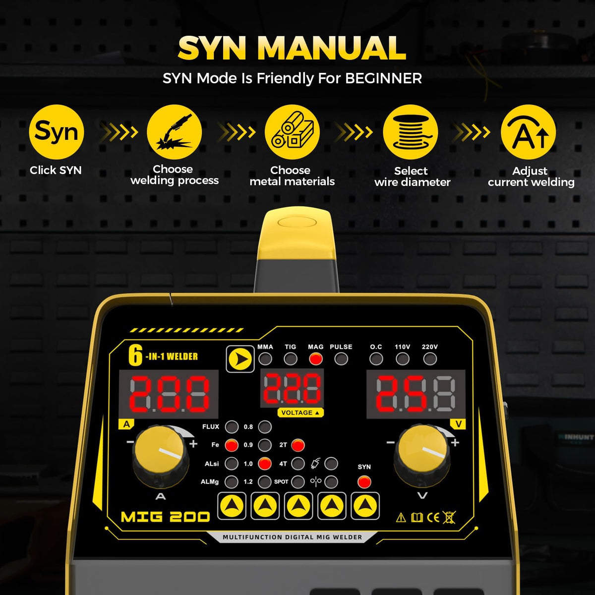 200A MIG Welder 110V/220V Dual Voltage 6 IN 1 MIG/Stick/Flux/Lift TIG Welder,Synergistic Control,LED Display,IGBT Portable Welding Machine for Steel Stainless Steel DIY & Fabrication