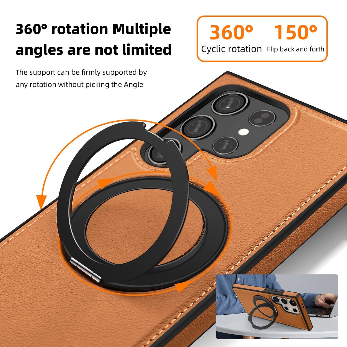 Newhalper Magnetic PU Leather Case Fit for Samsung Galaxy S24 Ultra [Compatible with MagSafe][360-Degree Rotatable Ring Stand & Kickstand] Phone Cover for Samsung S24 Ultra (Brown)
