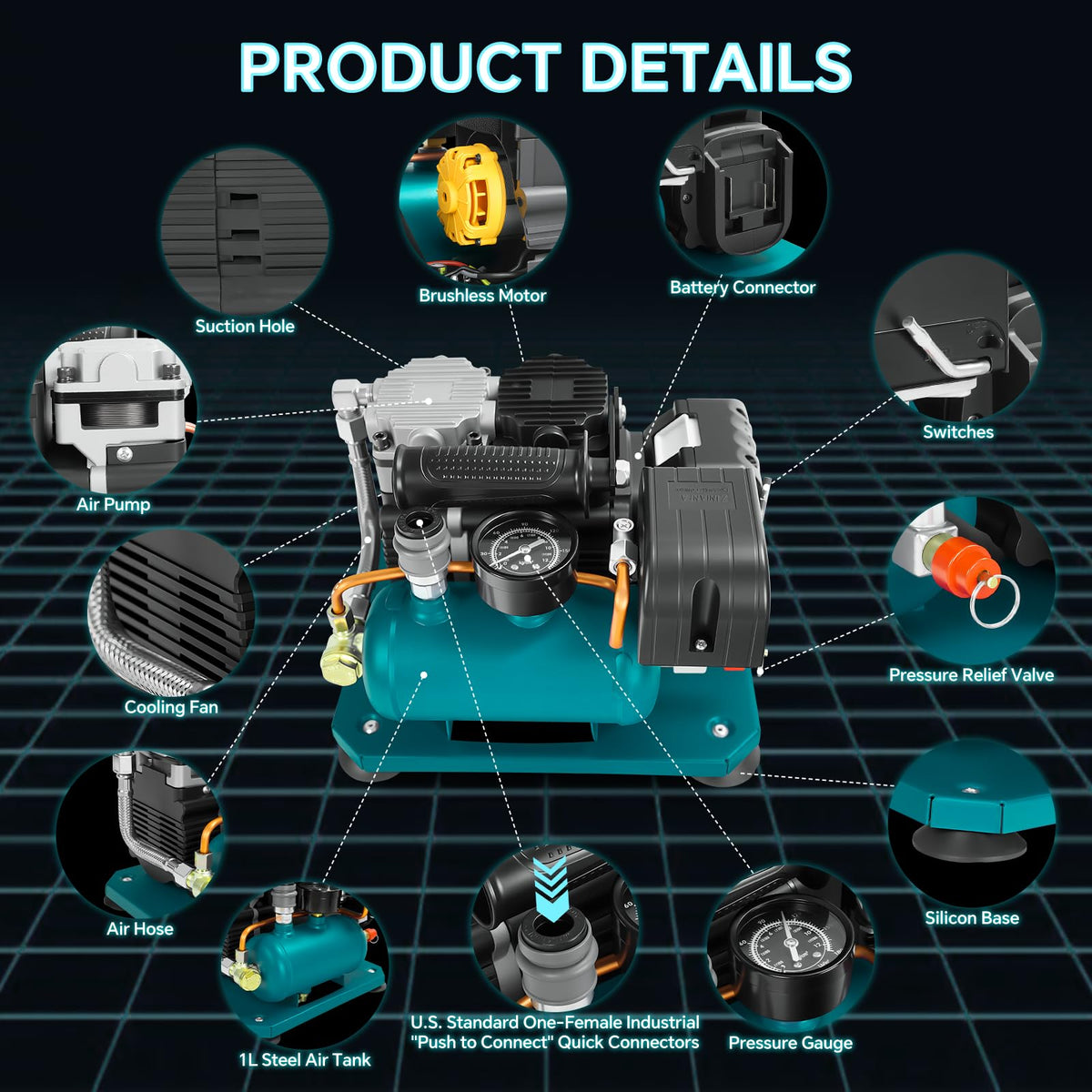 Cordless Air Compressor for Makita 18V Li-ion battery, 0.26-Gallon Capacity, Oil-Free, Ultra Quiet Portable Air Compressor, 65 dB Noise Level Electric Air Compressor