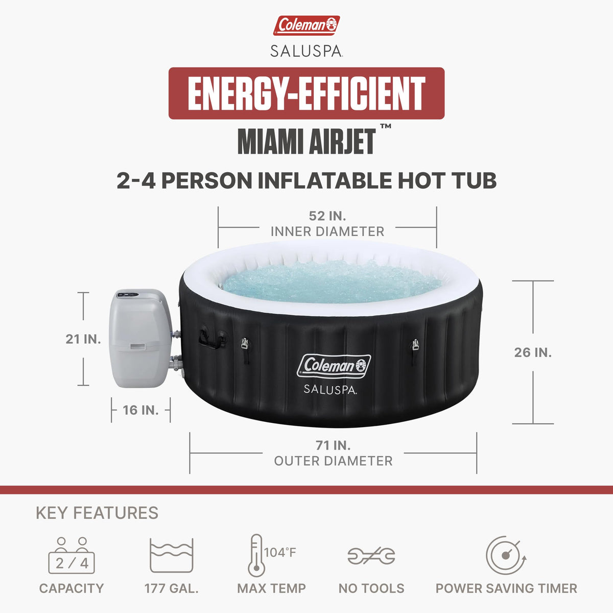 Coleman Miami 2 to 4 Person Inflatable Hot Tub, Round Energy-Efficient Portable Outdoor Spa with 120 AirJets, 71" x 26"