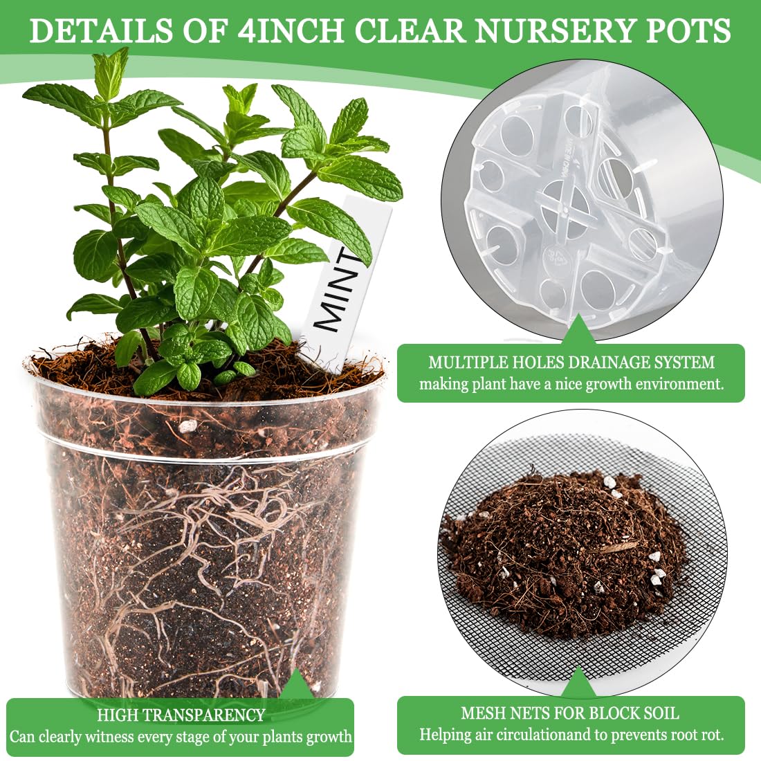 4 Inch Clear Nursery Pots for Plants, Plastic Plant Pot with Drainage Holes, Sturdy Seed Starter Pots, Small Transparent Seedling Pots with Plant Labels and Soil Screens, Gardening Gifts(30 Pack)