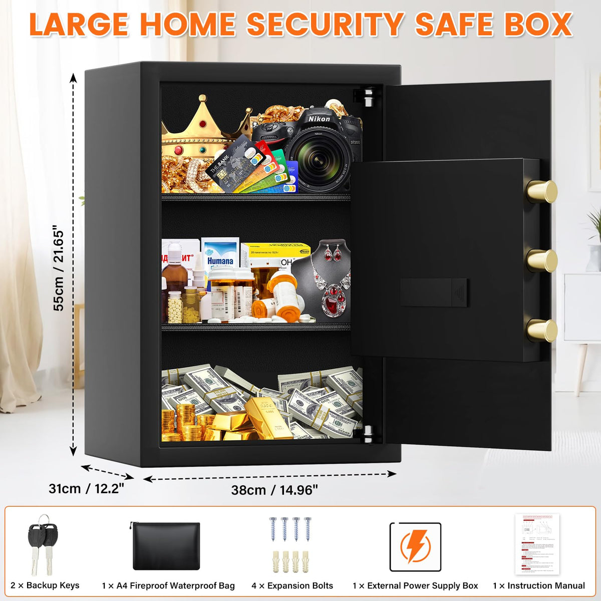 21.65"H Large Safe Box for Home, 3.8 cu ft Anti-Theft Safe with A4 Fireproof Bag, Steel Security Safe with Keypad Lock, Backup Keys, External Power Supply Box, Document Safe for Cash Medicine Document