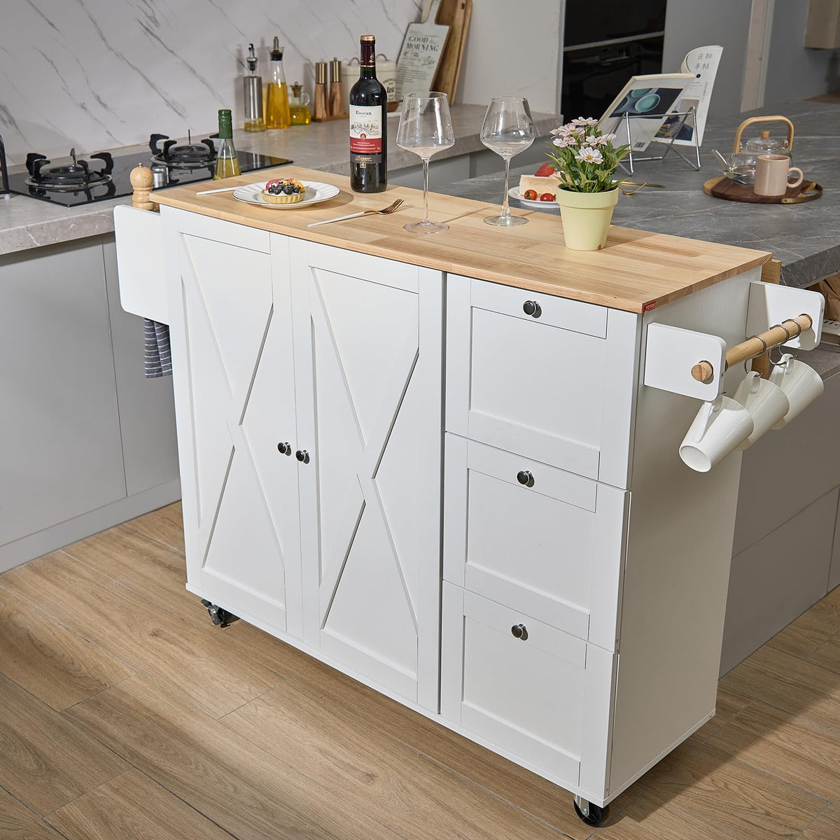VEVOR Kitchen Island Cart, 45.3x39 inch Rolling Kitchen Table, Mobile Carts with Storage Cabinet and Solid Wood Top, Portable Islands with Wheels, Spice Rack, Towel Rack, Drop Leaf and Drawer, White