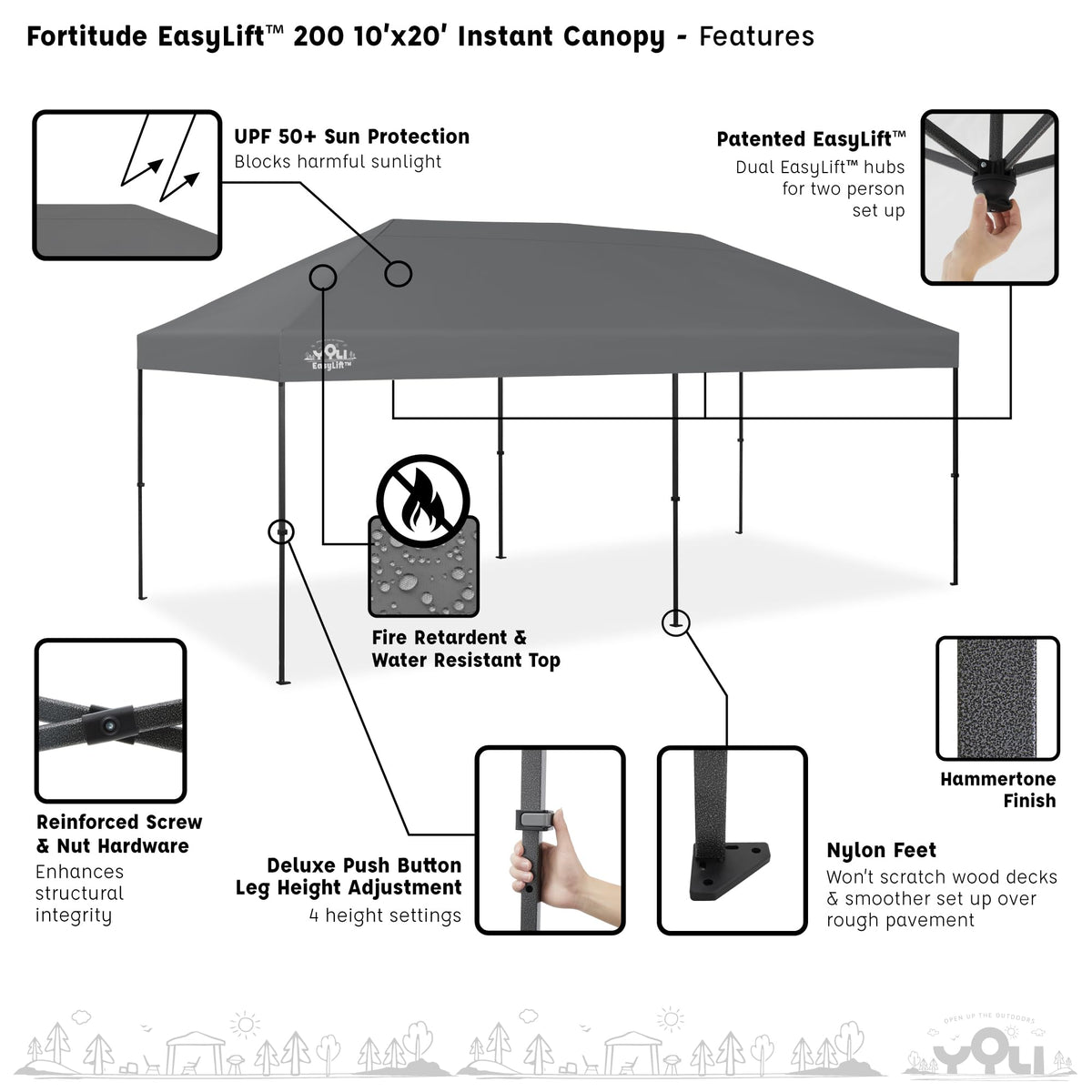YOLI Fortitude EasyLift 200 Instant Pop-Up Canopy, 10x20 Heavy Duty Pavilion with EasyLift Tech & Heat Reflective Top – Gray