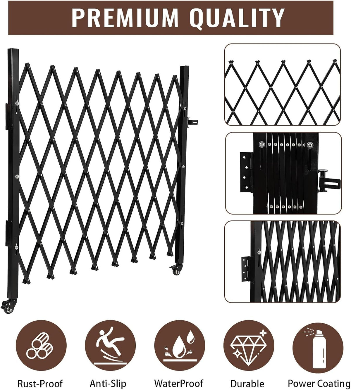 Garvee 85" H x 95" W Single Folding Security Gate, Steel Expandable Fence with 360° Rolling Wheels for Courtyard, Garage, and Garden Access Control