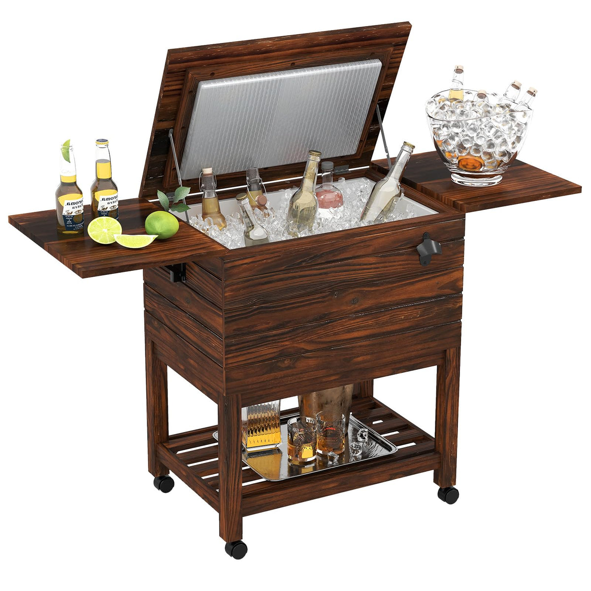 SPORFIT 54 Quart Rolling Patio Cooler Cart, Pine Wood Ice Chest Bar Cart with Drain, Fold Down Shelves & Bottle Opener, Outdoor Beverage Cooler Cart on Wheels for Parties Backyard Poolside Deck