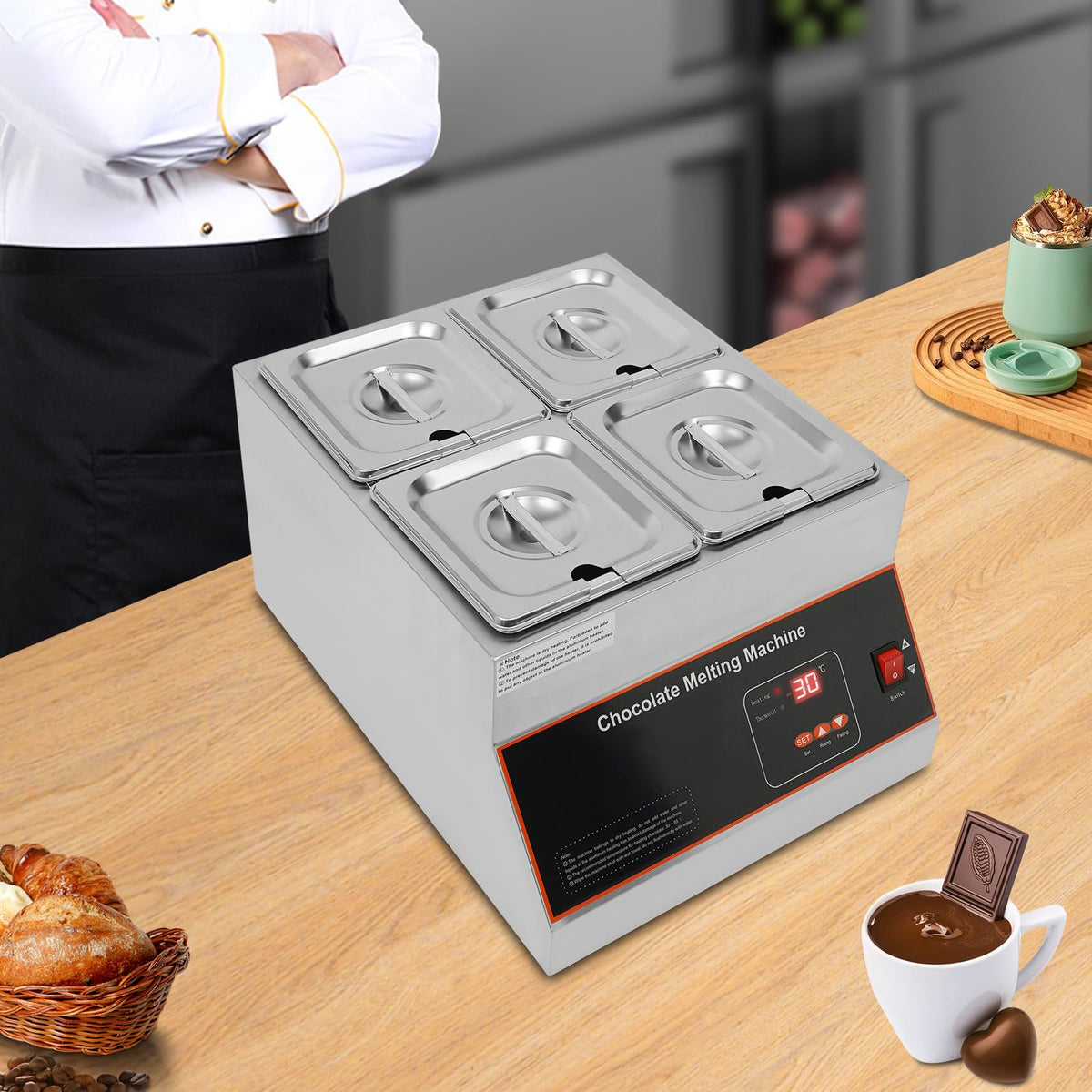 Electric Chocolate Melter 26.46 LB Capacity, Stainless Steel Chocolate Melting Machine with Digital Temperature Control, Commercial Chocolate Warmer for Bakery Catering (4 Pots)