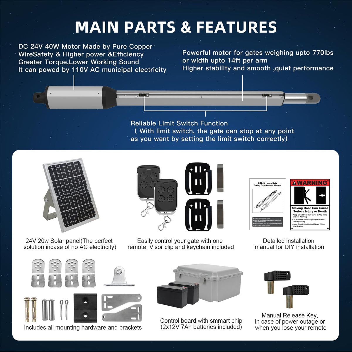 X X-HOUSE C05 Automatic Gate Opener with Solar Panel & Batteries for Light to Medium Duty Dual Swing Gates Up to 770lb per Arm Electric Gate Opener with 2 Remotes Complete Kit Solar Powered