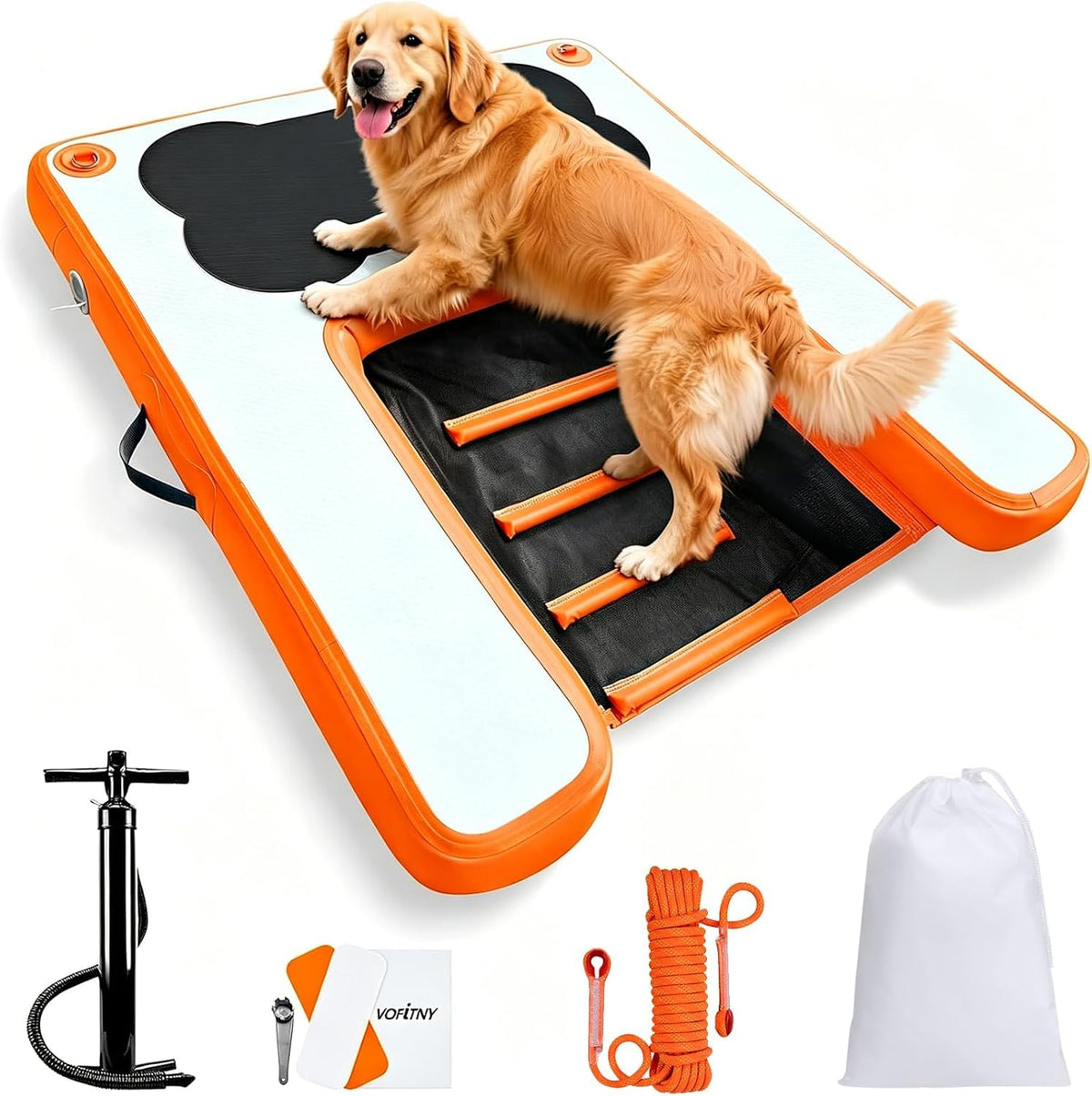 VOFiTNY Dog Boat Ramp Dock for Pool Inflatable Puppy Water Raft Plank Portable Pup Mat Floating Doggy Floats Ladder Play Bright Orange up to 240lbs