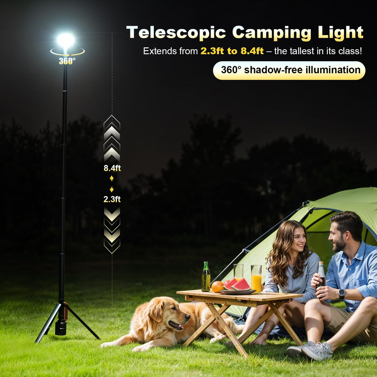 SYLSTAR 360° Rechargeable Work Light with Remote &Telescopic Stand (8.4Ft), 3000LM Ultra Bright 3CCT Dimmable, 6000mAh Battery, Portable Camping Light for Jobsite Workshop Sports Emergencies