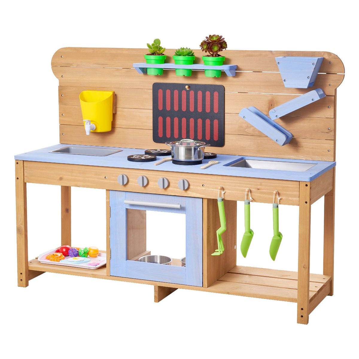 VEVOR Mud Kitchen, Outdoor Mud Kitchen for Kids, Wood Outdoor Play Kitchens with Stoves, Hooks, Double Sinks, Planting Shovels, Spatulas, Cookware Pots and Accessories, Play with Water and Sand