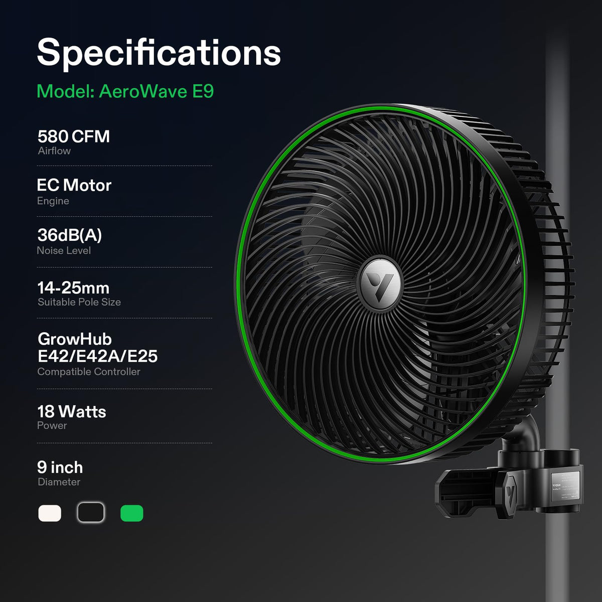 VIVOSUN AeroWave E9 Grow Tent Fan, 9" Auto Oscillating Clip Fan with EC Motor, US Patented Circulation Fan, IP54 Weatherproof, Strong Airflow & Quiet for Hydroponic Ventilation (Pack of 2)