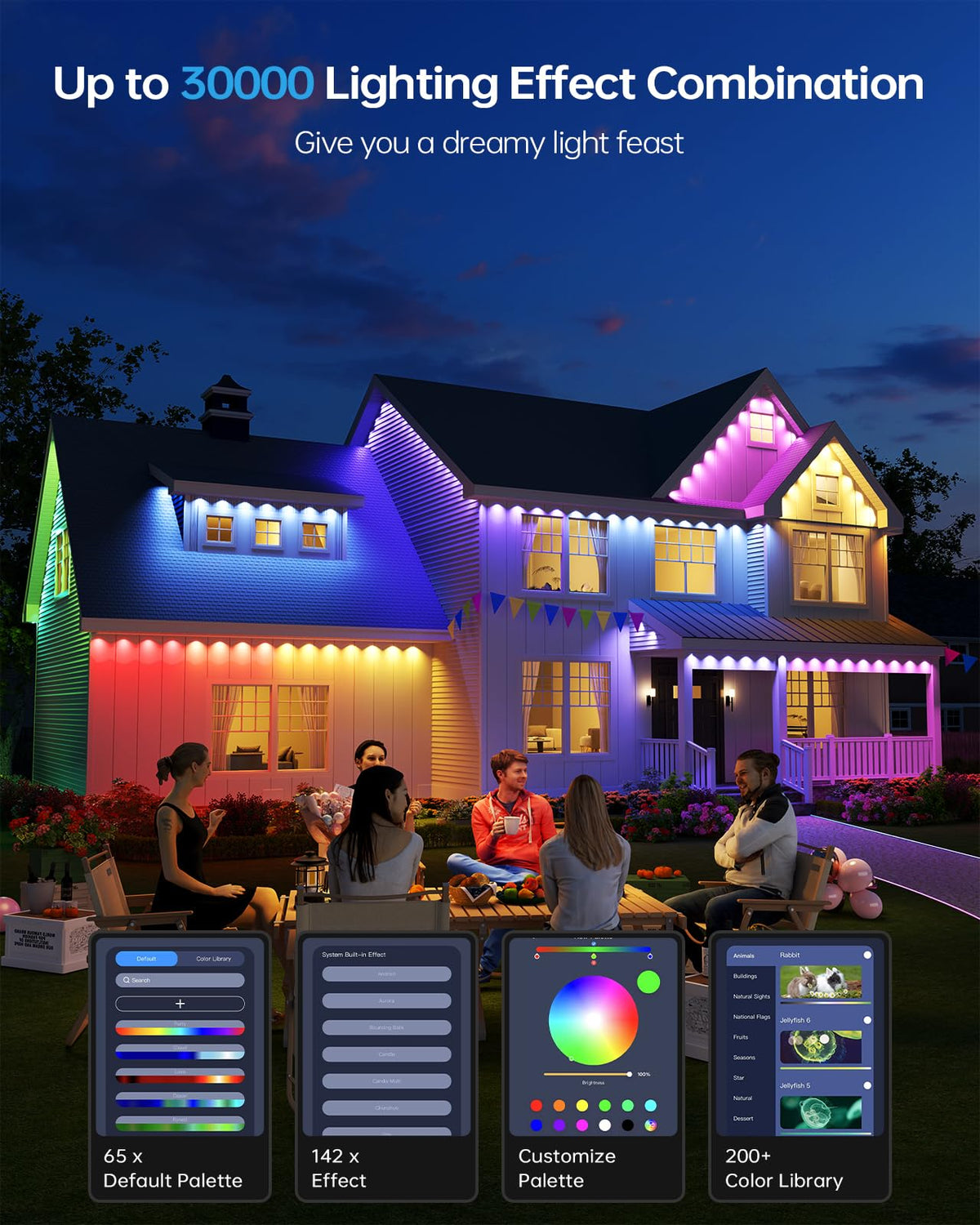 ASAHOM AI Permanent Outdoor Lights S107C, 150FT with 108 RGBCW LED Lights and Dual Output, 30,000 Lighting Effect Combination, IP67 Waterproof for House Halloween Christmas and Daily Decoration, White
