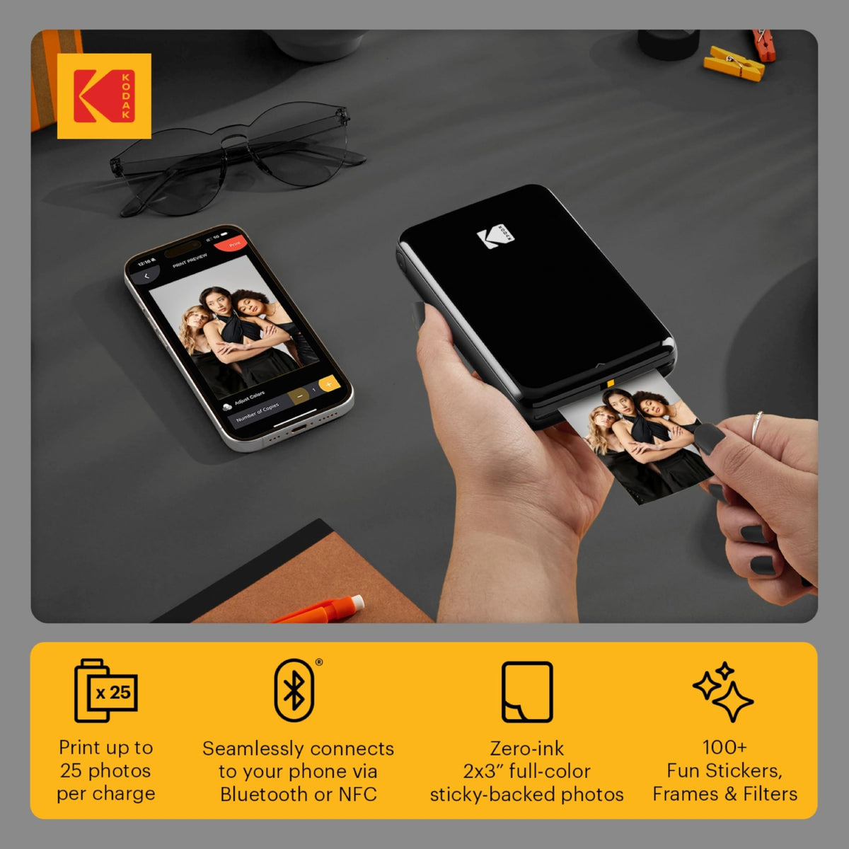 Kodak Step Printer, Wireless Mobile Photo Printer Zero Ink Technology & Kodak App for iOS & Android (Black) Gift, Starter Bundle
