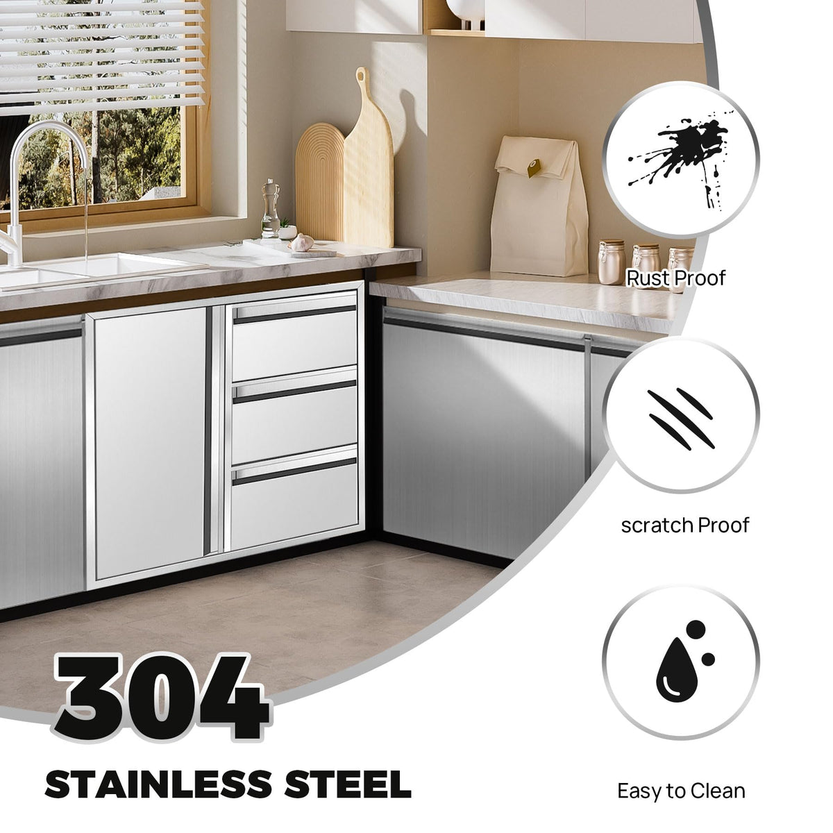 POPMOON 304 Stainless Steel Outdoor Kitchen Drawer Combo-28''W x 22''H x 19.5''D, Triple Storage Drawers & Access Door, Brushed Finish for BBQ Island