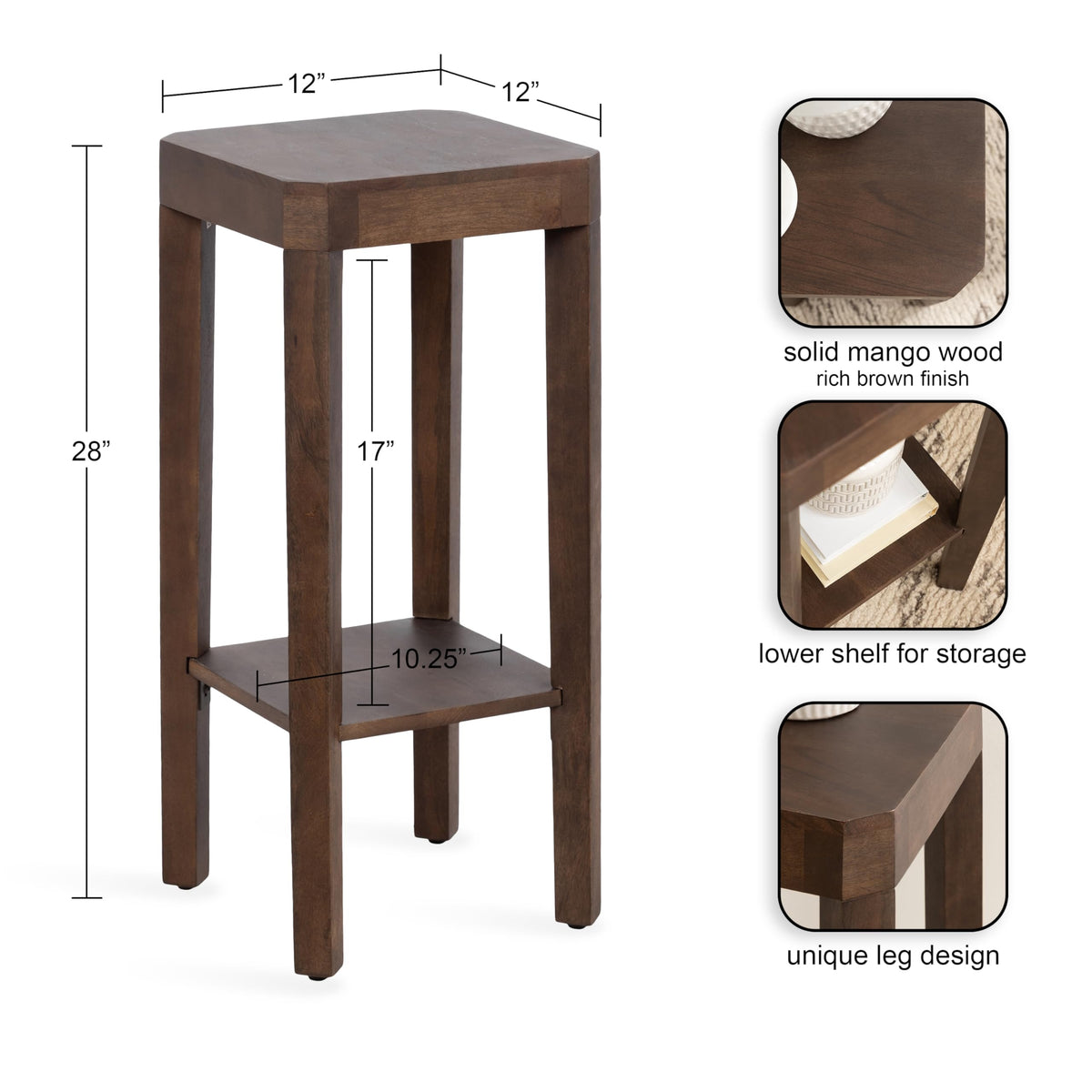 Kate and Laurel Talcott Modern Square Wood Drink Table, 12 x 12 x 28, Dark Brown, Transitional Decorative Two-Tier Pedestal Table for Use as Plant Stand Indoors or Living Room Decor Accent