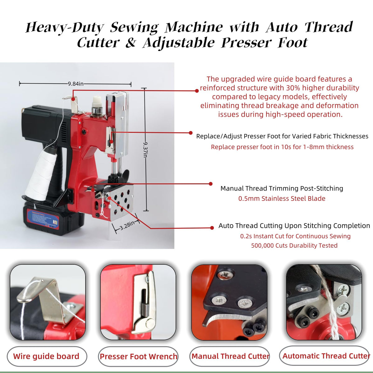 Cordless Bag Sewing Machine |PortableIndustrial Bag Closer |2-Second Fast Sealingfor Woven PP/Canvas/Jute Bags |Factory &Farm Bag Stitcher (Red, Lithium Battery-36VDC)