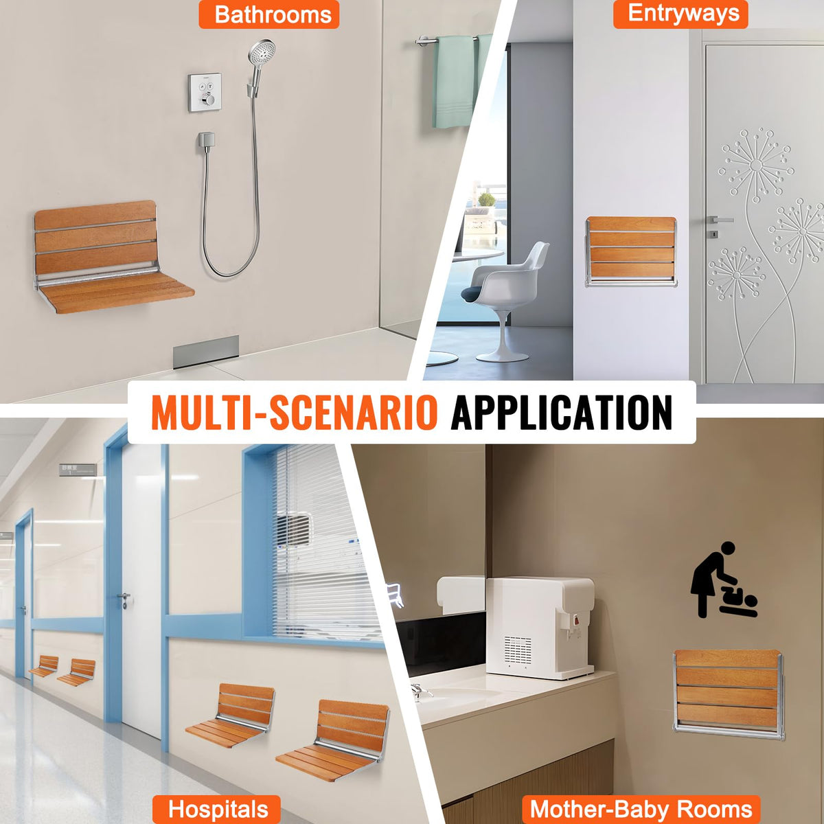 VEVOR Folding Teak Shower Seat, 20.9 x 16'' Unfolded, Wall Mounted Fold Up Shower Bench with 500 lbs Load Capacity, Space Saving Home Care Fold Down Shower Chair, for Seniors Pregnant Women Children