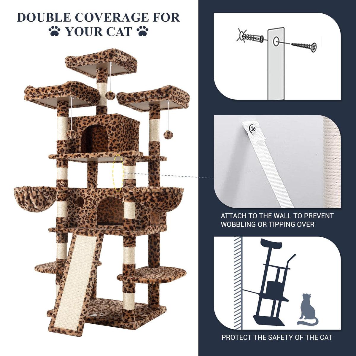 Allewie 68 Inches Cat Tree/House and Towers for Big Feline/Scratching Post/Multi-Level Large Kitty Climbing Tree with Condo/Leopard Print